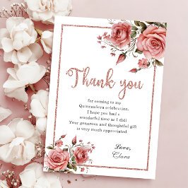Tarjeta De Agradecimiento Elegante Rubor Floral Rosa Quinceañera Cumpleaños