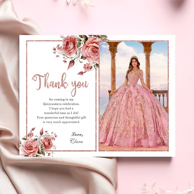 Tarjeta De Agradecimiento Elegante Rubor Floral Rosa Quinceañera Cumpleaños (Subido por el creador)