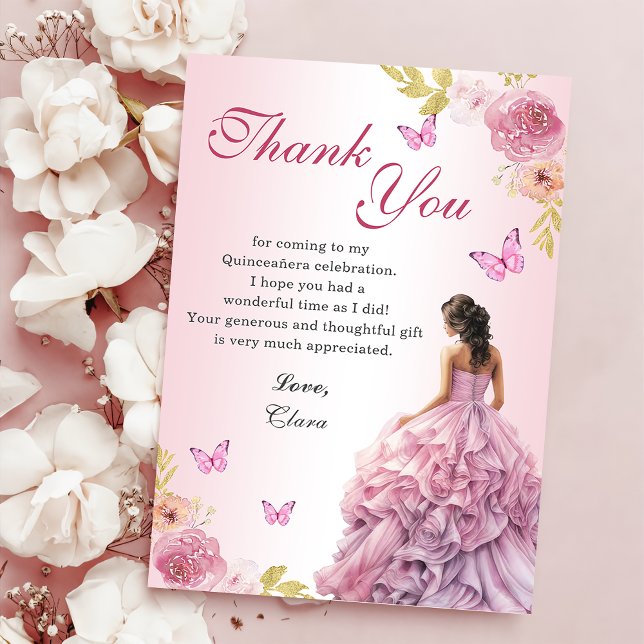 Tarjeta De Agradecimiento Elegante Rubor Floral Rosa Quinceañera Cumpleaños (Subido por el creador)
