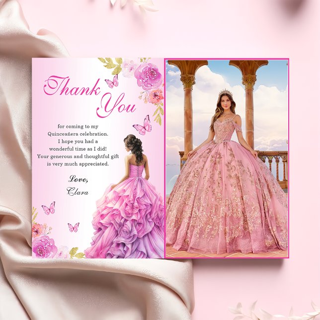 Tarjeta De Agradecimiento Elegante Rubor Floral Rosa Quinceañera Cumpleaños (Subido por el creador)