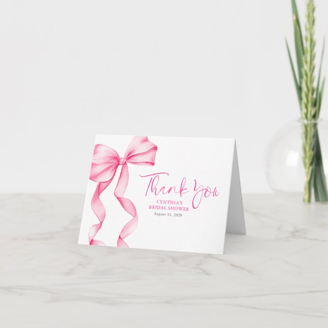 Tarjeta De Agradecimiento Elegante Rubor Pink Bow Bridal Shower (Anverso)