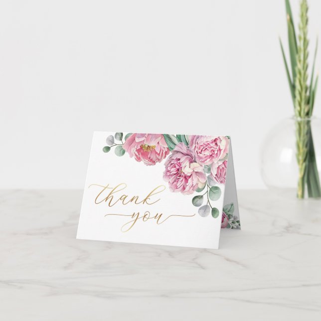Tarjeta De Agradecimiento Elegante Rubor Pink Peony y Gold Greeneration Baby (Anverso)