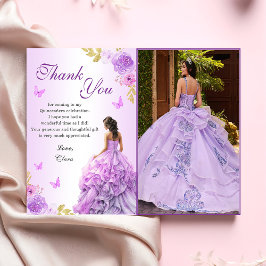 Tarjeta De Agradecimiento Elegante Rubor Purple Floral Quinceañera Cumpleaño