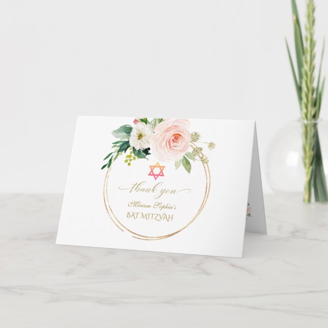 Tarjeta De Agradecimiento Elegante Rubor Rosa Flores Oro Bat Mitzvah (Anverso)