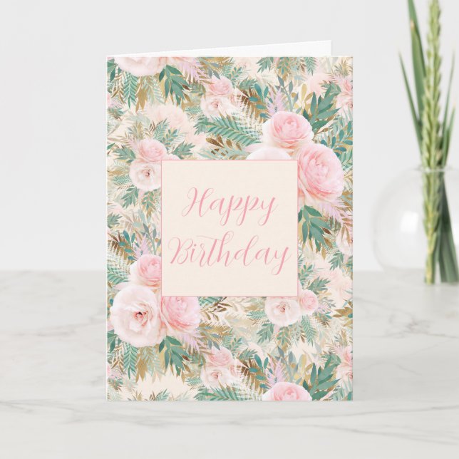 Tarjeta De Agradecimiento Elegante Rubor rosa Roses Floral Mint Golden Leave (Anverso)