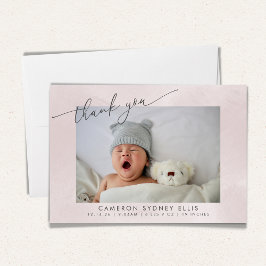 Tarjeta De Agradecimiento Elegante Rubor Textura Script Baby Birth Two Photo