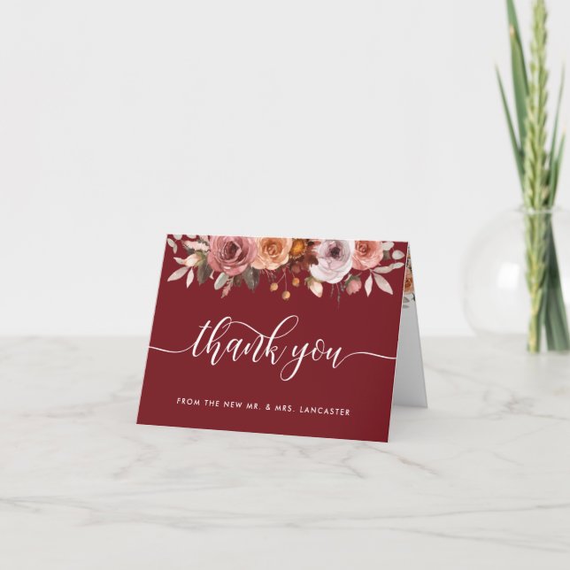 Tarjeta De Agradecimiento Elegante Rubor y Burgundy Floral (Anverso)