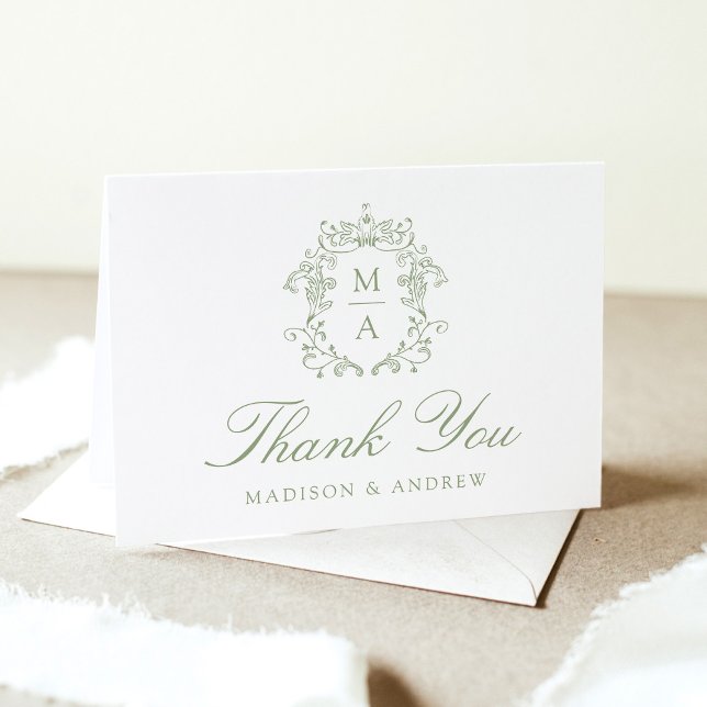 Tarjeta De Agradecimiento Elegante Sage Chinoiserie Monograma Boda Escudo (Subido por el creador)