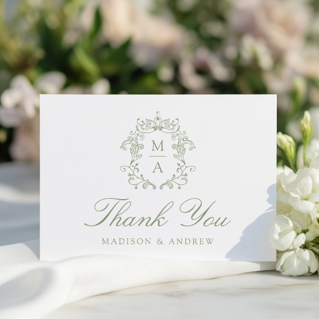 Tarjeta De Agradecimiento Elegante Sage Chinoiserie Monograma Boda Escudo (Subido por el creador)