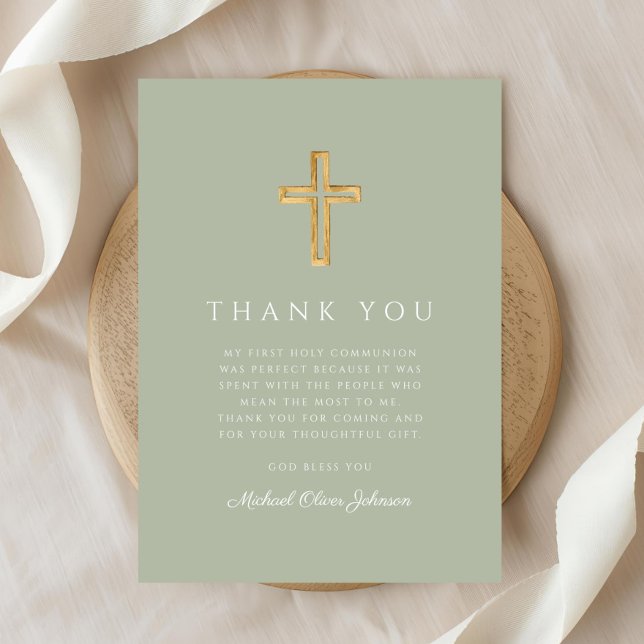 Tarjeta De Agradecimiento Elegante Sage Green Cross Religiosa Primera Comuni (Elegant Sage Green Religious Cross First Communion Thank You Card)