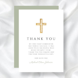 Tarjeta De Agradecimiento Elegante Sage Green Cross Religiosa Primera Comuni