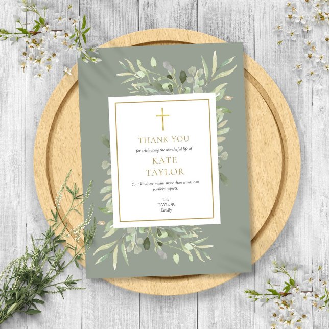 Tarjeta De Agradecimiento Elegante Sage Green Funeral Memorial Gold Cross (Elegant Sage Green Funeral Memorial Gold Cross Thank You Card)