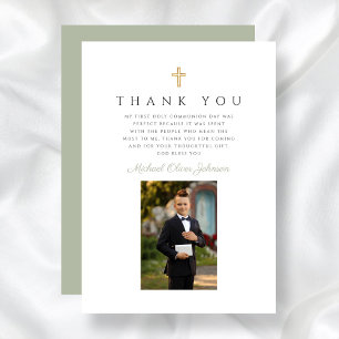 Tarjeta De Agradecimiento Elegante Sage Green Photo Boy Primera Comunión