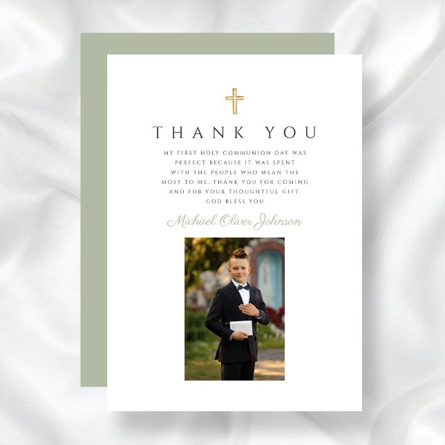 Tarjeta De Agradecimiento Elegante Sage Green Photo Boy Primera Comunión (Elegant Sage Green Photo Boy First Communion Thank You Card)