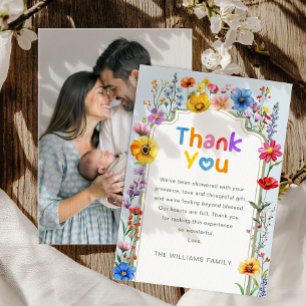 Tarjeta De Agradecimiento Elegante Sage Green Wildflower Baby Photo