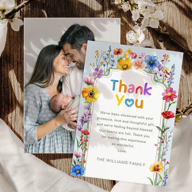 Tarjeta De Agradecimiento Elegante Sage Green Wildflower Baby Photo (Thank you card)