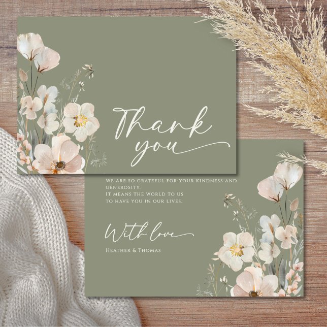 Tarjeta De Agradecimiento Elegante Sage Green Wildflower Baby Shower (Subido por el creador)