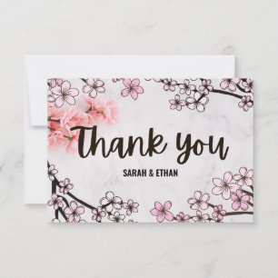 Tarjeta De Agradecimiento Elegante Sakura Cherry Blossom y boda de mármol