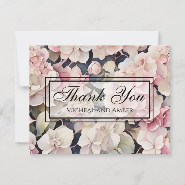 Tarjeta De Agradecimiento Elegante salvia rosa acuarela hidrángulos florales (Anverso)