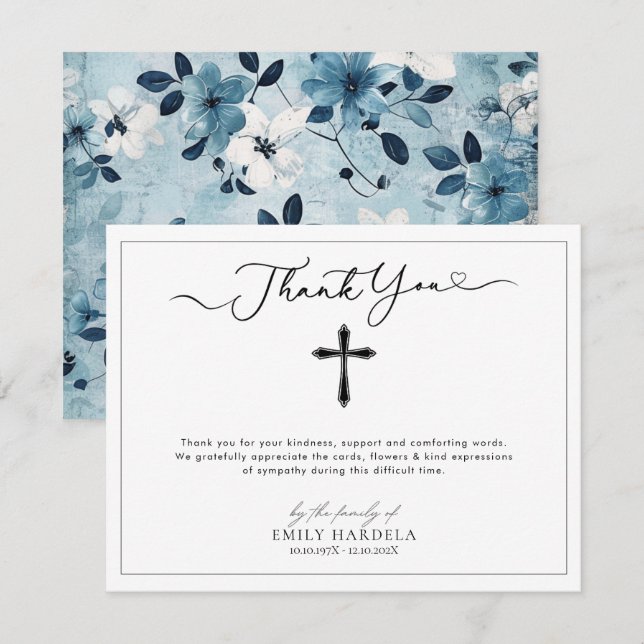 Tarjeta De Agradecimiento Elegante Scrift Blue Floral Funeral Gracias Tarjet (Anverso / Reverso)