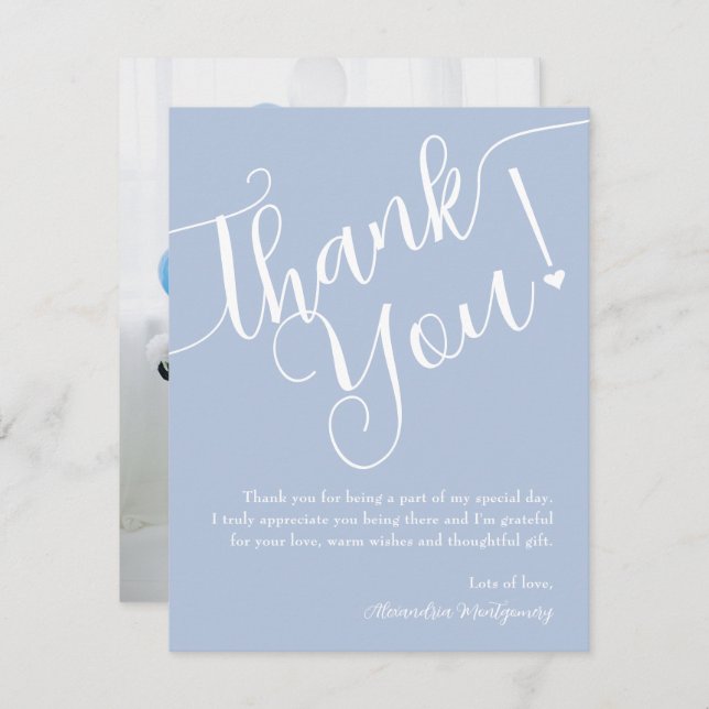 Tarjeta De Agradecimiento Elegante Script Blue Boy Baby Shower Photo (Anverso / Reverso)