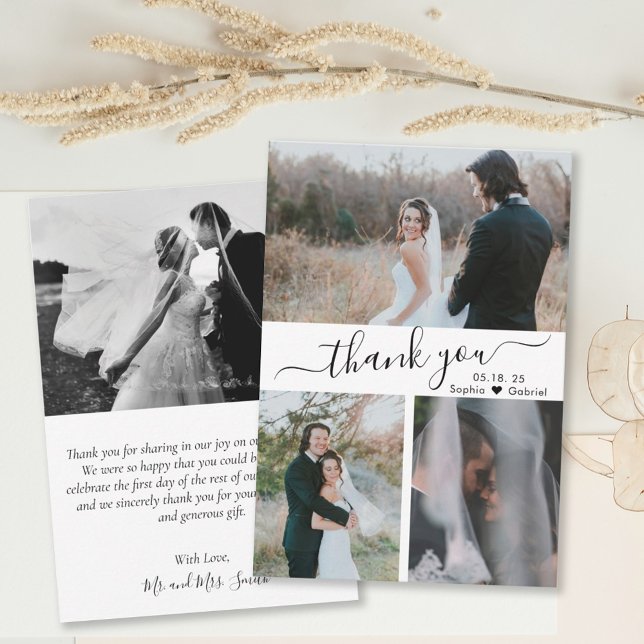 Tarjeta De Agradecimiento Elegante Script Boda Collage de fotos Gracias Coch (Subido por el creador)