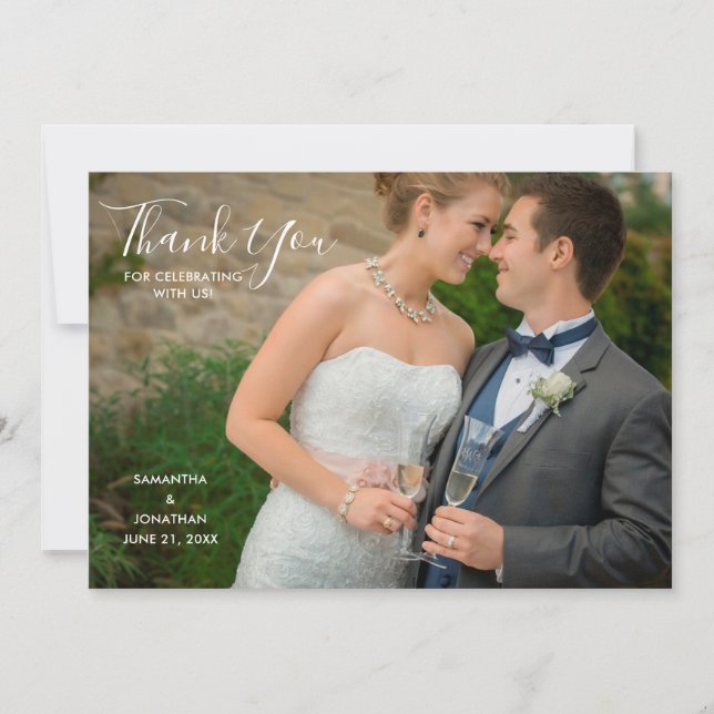 Tarjeta De Agradecimiento Elegante Script Boda de fotografías completas Grac (Anverso)