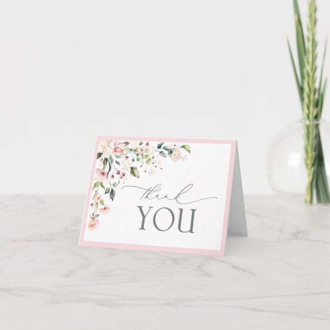Tarjeta De Agradecimiento Elegante Script Floral de Acuarela Rosa (Anverso)