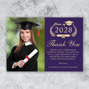 Tarjeta De Agradecimiento Elegante Script Foto Graduación de oro púrpura