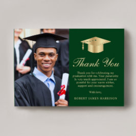 Tarjeta De Agradecimiento Elegante Script Foto Graduación de Oro Verde