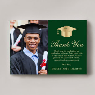 Tarjeta De Agradecimiento Elegante Script Foto Graduación de Oro Verde