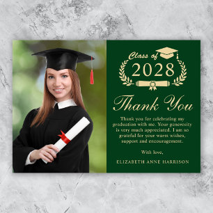 Tarjeta De Agradecimiento Elegante Script Foto Graduación de Oro Verde