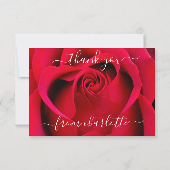 Tarjeta De Agradecimiento Elegante Script Red Rose Floral Gracias (Anverso)