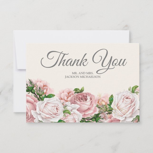 Tarjeta De Agradecimiento Elegante Script Rosa Rosa Rosa Crema Boda Gracias (Anverso)