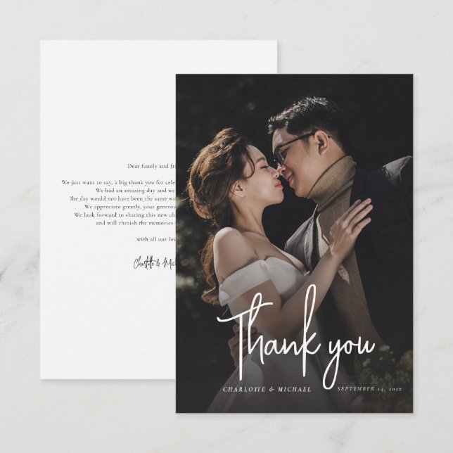 Tarjeta De Agradecimiento Elegante Script Wedding Day Photo (Anverso / Reverso)
