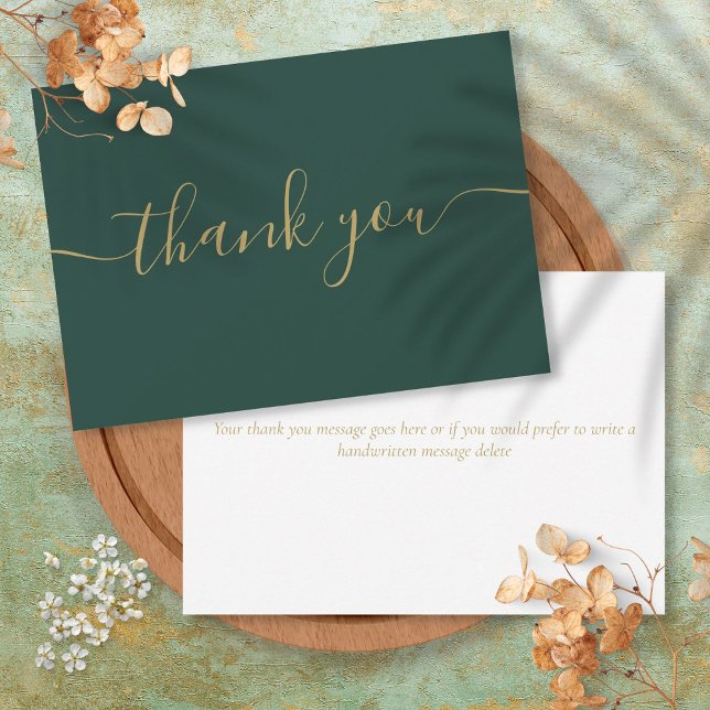 Tarjeta De Agradecimiento Elegante secuencia de comandos moderna simple esme (Emerald And Gold Simple Modern Elegant Script Thank You Card)
