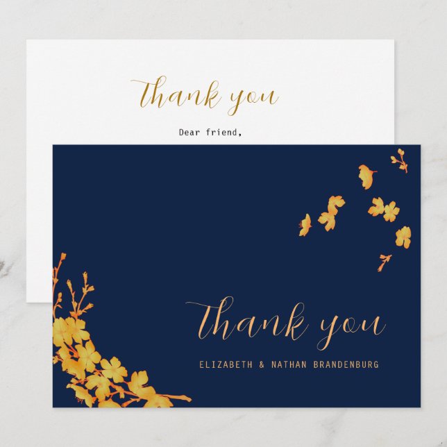 Tarjeta De Agradecimiento Elegante Sencillo Flores De Oro Azul Marina (Anverso / Reverso)