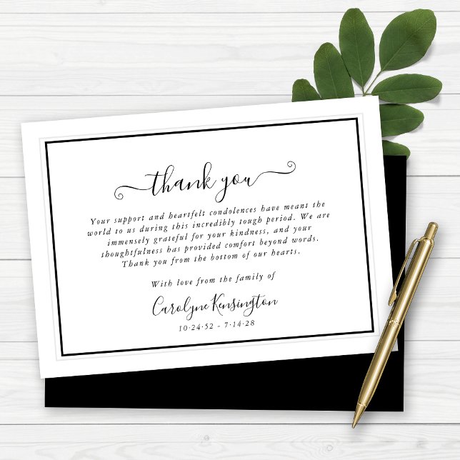 Tarjeta De Agradecimiento Elegante simpatía en blanco y negro Gracias (Elegant Black and White Sympathy Thank You Card)