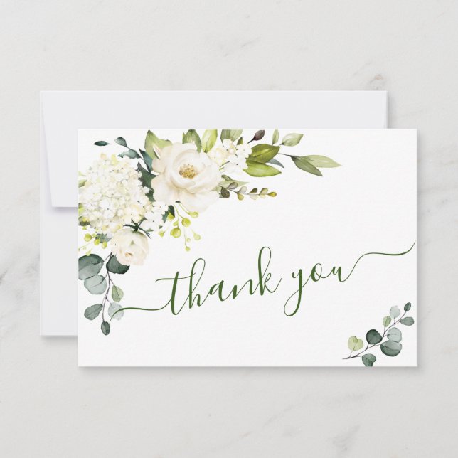 Tarjeta De Agradecimiento Elegante simple Eucalipto Floral de rosas blancas (Anverso)