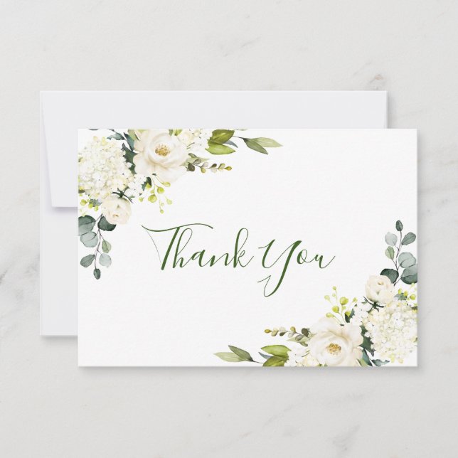 Tarjeta De Agradecimiento Elegante simple Eucalipto Floral de rosas blancas (Anverso)