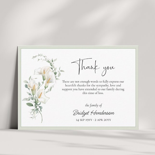 Tarjeta De Agradecimiento Elegante Simple Lirio de Calla Eucalipto Conmisera (Subido por el creador)