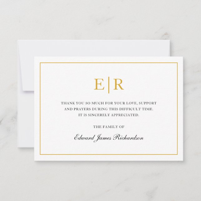 Tarjeta De Agradecimiento Elegante simple Monograma Simpatía Funeral de Oro (Anverso)