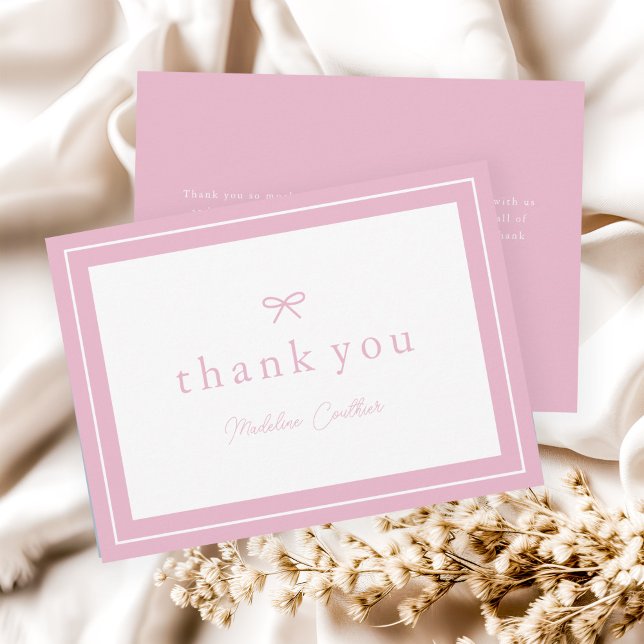 Tarjeta De Agradecimiento Elegante Simple Rosa Chicas Baby Shower (Simple bow pink girls baby shower thank you cards.)