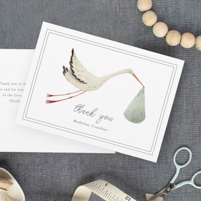Tarjeta De Agradecimiento Elegante Stork Gender Neutral Baby Shower (Elegant hand painted stork sage gender neutral baby shower thank you cards.)