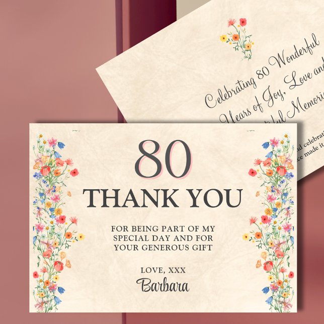 Tarjeta De Agradecimiento Elegante suave 80 cumpleaños fiesta floral 80 (Subido por el creador)