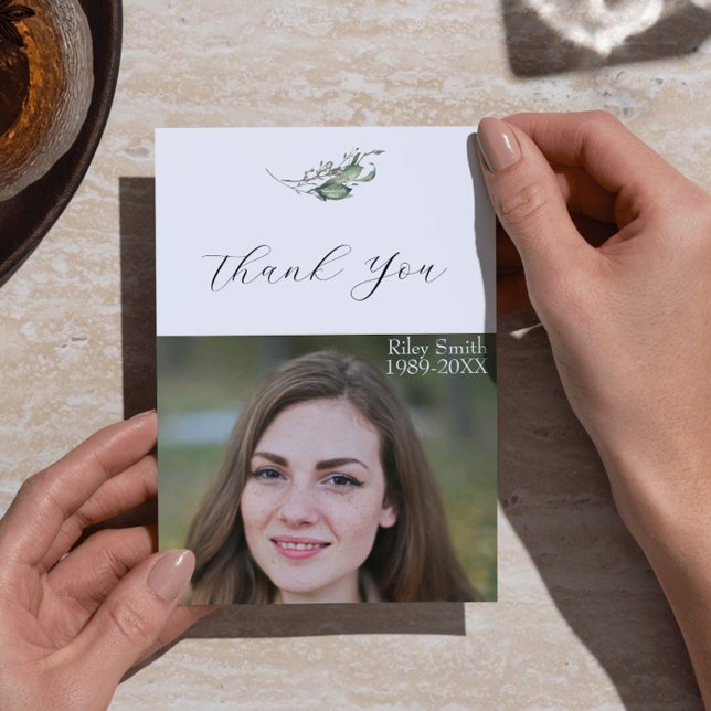 Tarjeta De Agradecimiento Elegante Subdivisión de Acuarela Foto Funeral (Elegant Watercolor Branch Funeral Photo Thank You Card)