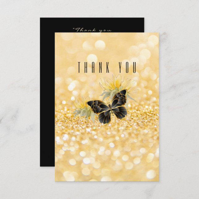 Tarjeta De Agradecimiento Elegante Sunflower Sparkle Black Butterfly Gold (Anverso / Reverso)