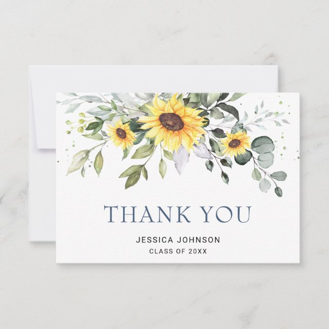 Tarjeta De Agradecimiento Elegante Sunflowers Eucalyptus Foliage Graduación  (Anverso)