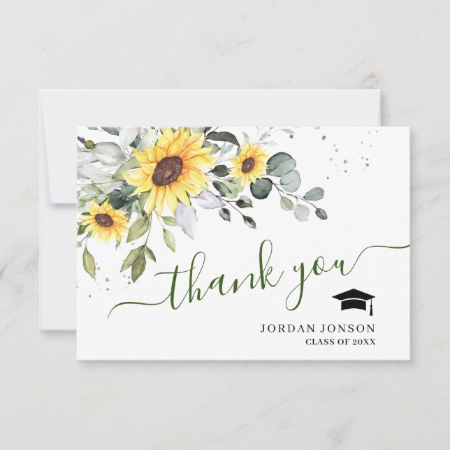 Tarjeta De Agradecimiento Elegante Sunflowers Eucalyptus Foliage Graduación (Anverso)