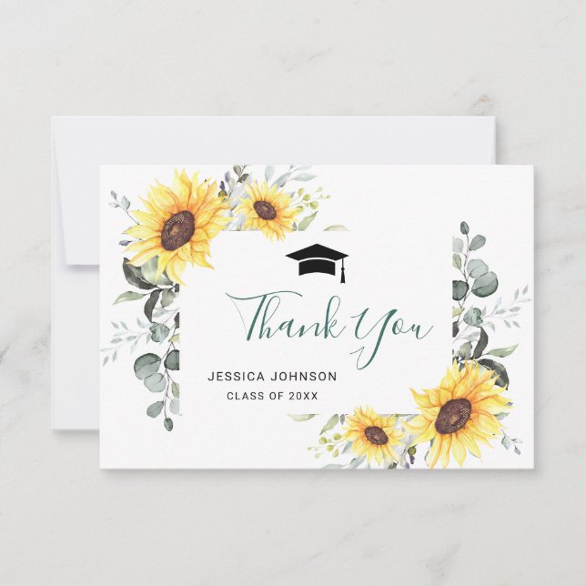 Tarjeta De Agradecimiento Elegante Sunflowers Eucalyptus Foliage Graduación (Anverso)